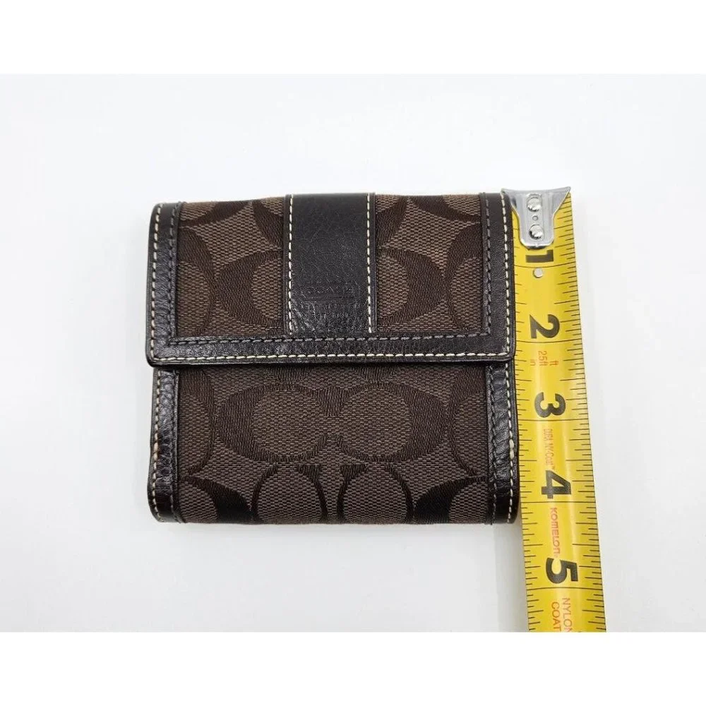 Coach Dark Chocolate Brown Signature Canvas Leather Tri-Fold Snap Wallet - Picture 13 of 13